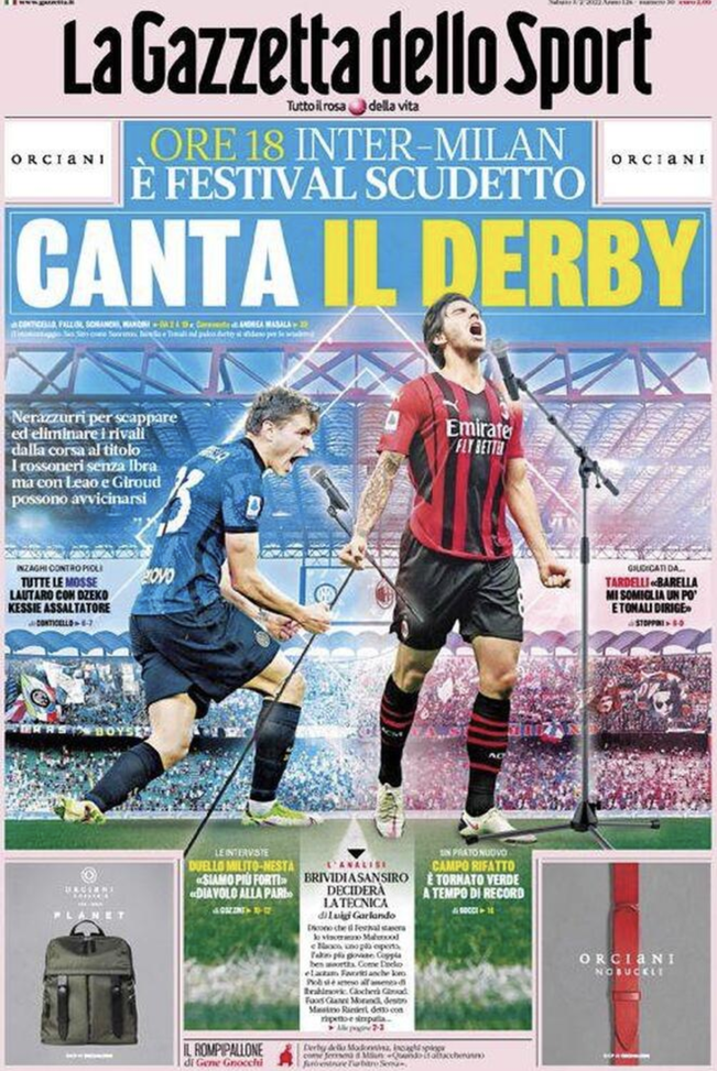 Prima Pagina, La Gazzetta dello Sport: “Inter-Milan, è festival Scudetto” prima pagina