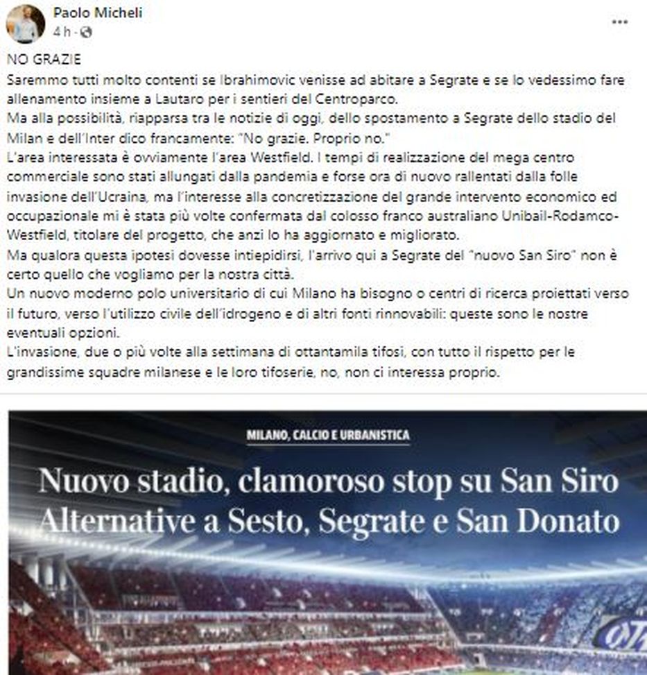Nuovo stadio, tra le ipotesi Segrate. Il sindaco: “No, grazie. Non ci interessa”- immagine 2