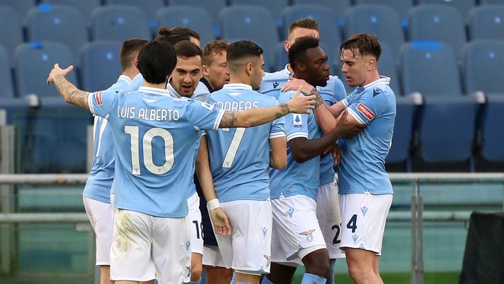 ROME, ITALY - MARCH 12: Felipe Caicedo of S.S. Lazio celebrates with Patric and team mates after scoring their side's third goal during the Serie A match between SS Lazio and FC Crotone at Stadio Olimpico on March 12, 2021 in Rome, Italy. Sporting stadiums around Italy remain under strict restrictions due to the Coronavirus Pandemic as Government social distancing laws prohibit fans inside venues resulting in games being played behind closed doors. (Photo by Paolo Bruno/Getty Images) ROME, ITALY - MARCH 12: Felipe Caicedo of S.S. Lazio celebrates with Patric and team mates after scoring their side's third goal during the Serie A match between SS Lazio and FC Crotone at Stadio Olimpico on March 12, 2021 in Rome, Italy. Sporting stadiums around Italy remain under strict restrictions due to the Coronavirus Pandemic as Government social distancing laws prohibit fans inside venues resulting in games being played behind closed doors. (Photo by Paolo Bruno/Getty Images)