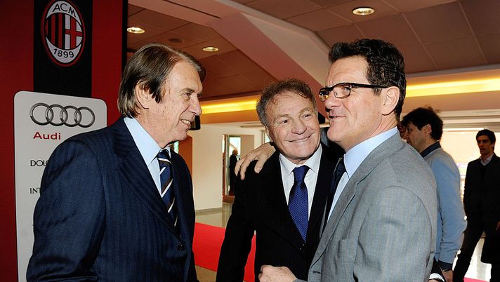 MILAN, ITALY - MARCH 12: Former AC Milan players (L-R) Cesare Maldini, Jose Altafini and Fabio Capello during the UEFA President's Award at Giuseppe Meazza Stadium on March 12, 2012 in Milan, Italy. (Photo by Claudio Villa/Getty Images) Altafini