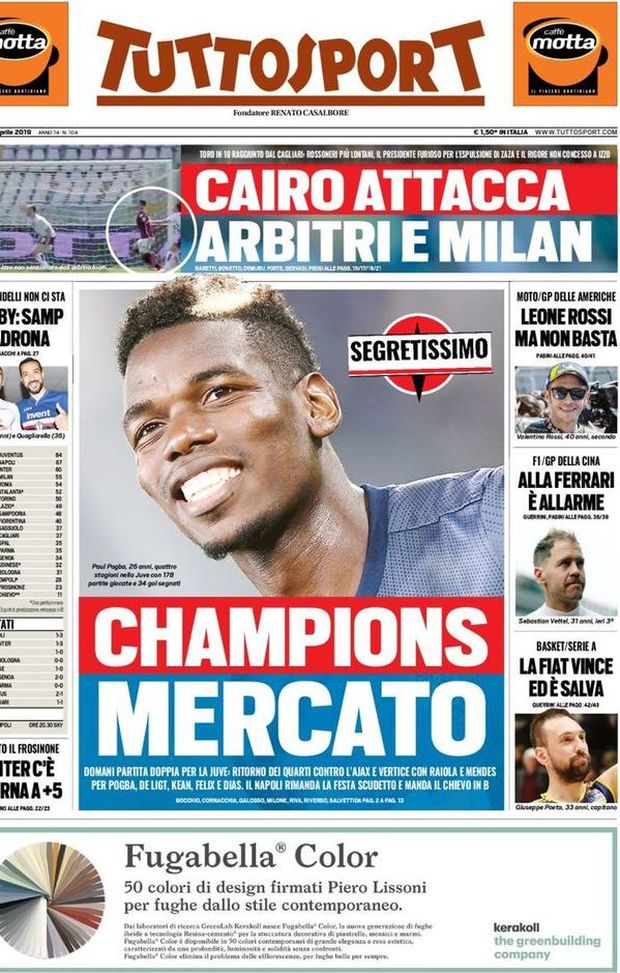 Prima Pagina, Tuttosport: “Champions mercato. Cairo attacca arbitri e Milan. L’Inter c’è e torna a +5” Prima Pagina, Tuttosport: “Champions mercato. Cairo attacca arbitri e Milan. L’Inter c’è e torna a +5”