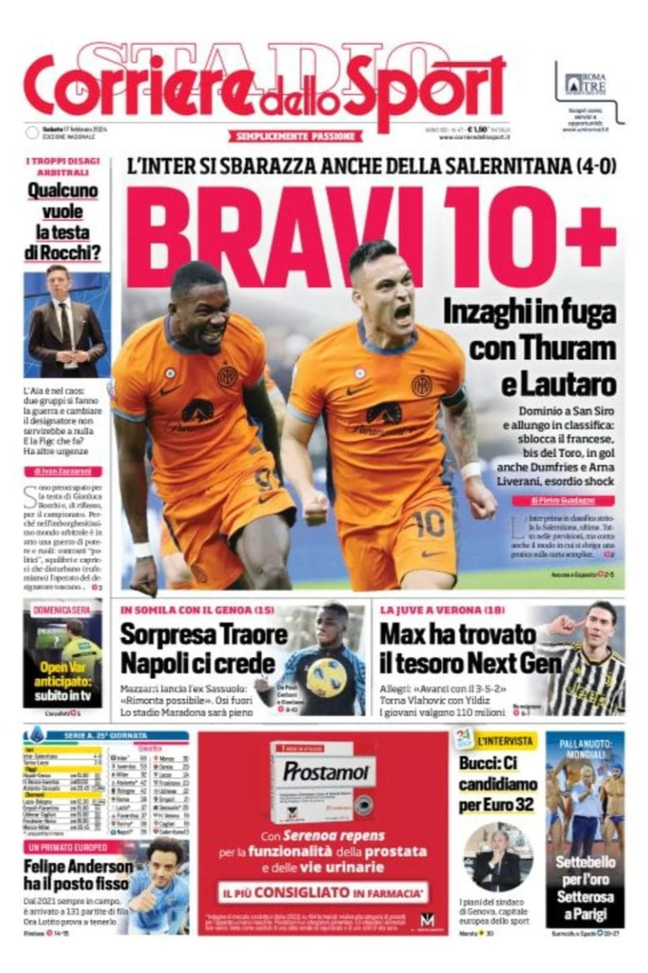 EDICOLA CDS / Bravi 10+: Inzaghi in fuga con Thuram e Lautaro - immagine 1