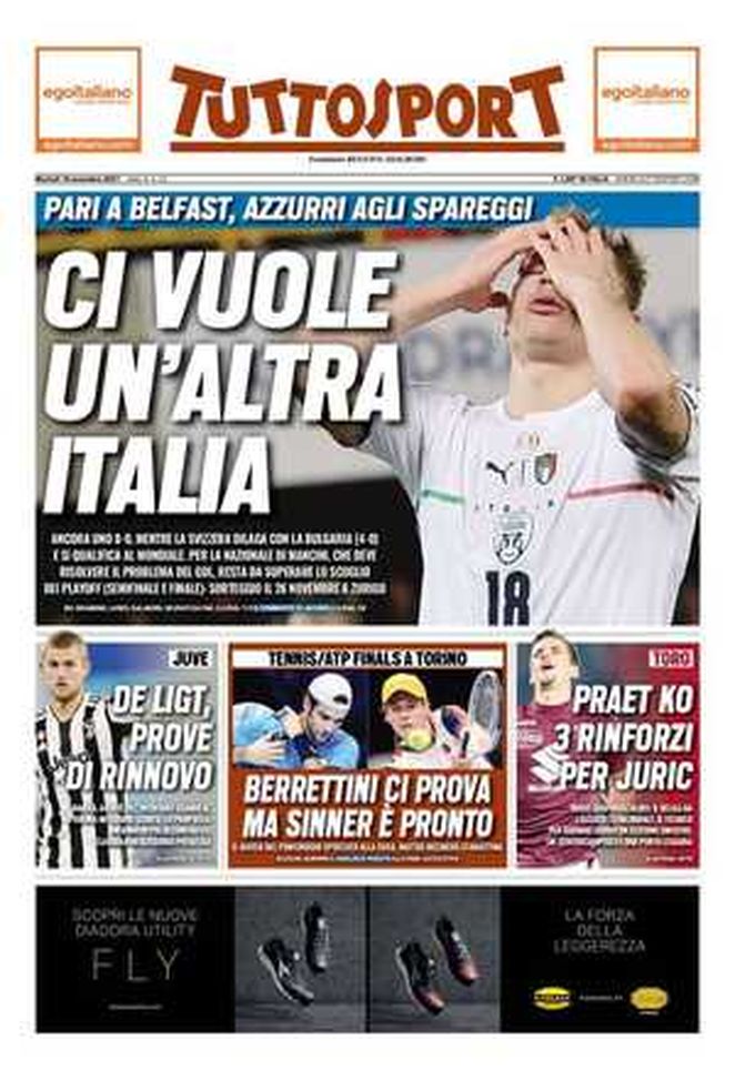 Prima Pagina, Tuttosport: “Ci vuole un’altra Italia. Azzurri agli spareggi” Prima Pagina