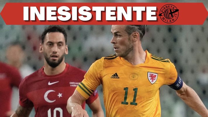 Hakan Calhanoglu (centrocampista AC Milan) e Gareth Bale (attaccante Tottenham) durante Turchia-Galles 0-2 degli Europei 2021 | News (Getty Images) 
