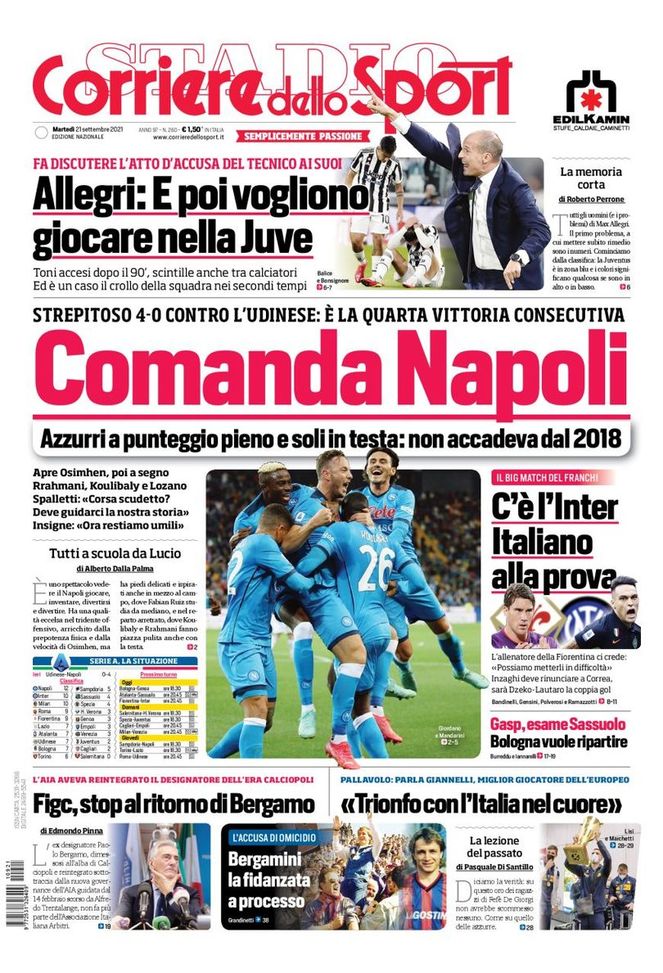 Prima Pagina, Corriere dello Sport: “Comanda Napoli. Non accadeva dal 2018” 