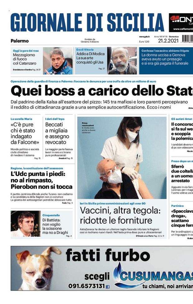Prima Pagina, Giornale di Sicilia: “Quei boss a carico dello Stato. Mezzogiorno di fuoco col Catanzaro” Prima Pagina, Giornale di Sicilia: “Quei boss a carico dello Stato. Mezzogiorno di fuoco col Catanzaro”