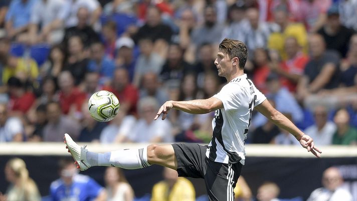HARRISON, NJ - JULY 28:  Mattia Caldara of Juventus kicks the ball during the International Champions Cup 2018 match between Benfica and Juventus at Red Bull Arena on July 28, 2018 in Harrison, New Jersey.  (Photo by Daniele Badolato - Juventus FC/Juventus FC via Getty Images ) 