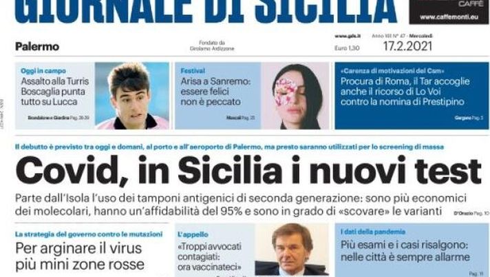 Prima Pagina, Giornale di Sicilia: “Covid, in Sicilia i nuovi test. Assalto alla Turris, Boscaglia punta tutto su Lucca. Un volo di colombe per Piera”  Prima Pagina, Giornale di Sicilia: “Covid, in Sicilia i nuovi test. Assalto alla Turris, Boscaglia punta tutto su Lucca. Un volo di colombe per Piera”