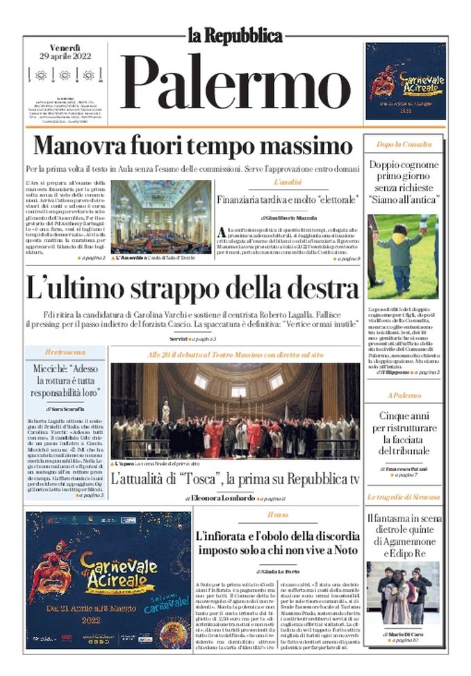 Prima Pagina, La Repubblica-Palermo: “L’ultimo strappo della destra” - immagine 1