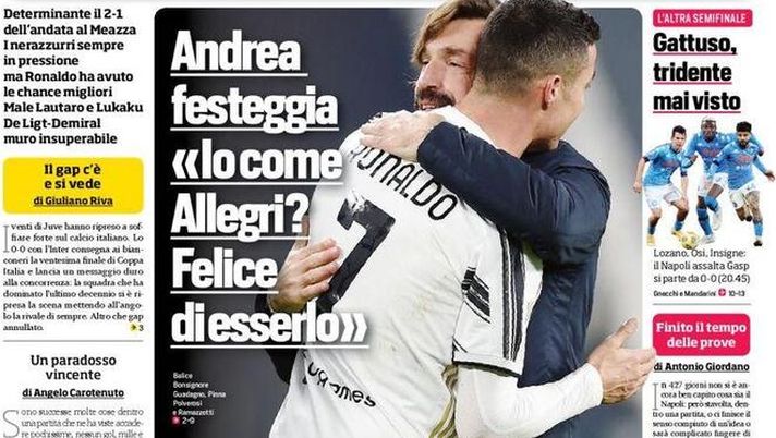 Prima Pagina, Corriere dello Sport:: &#8220;Pirlo, venti di Juve. L&#8217;Inter non passa, resta solo il campionato, insulti tra Conte e Agnelli&#8221; 