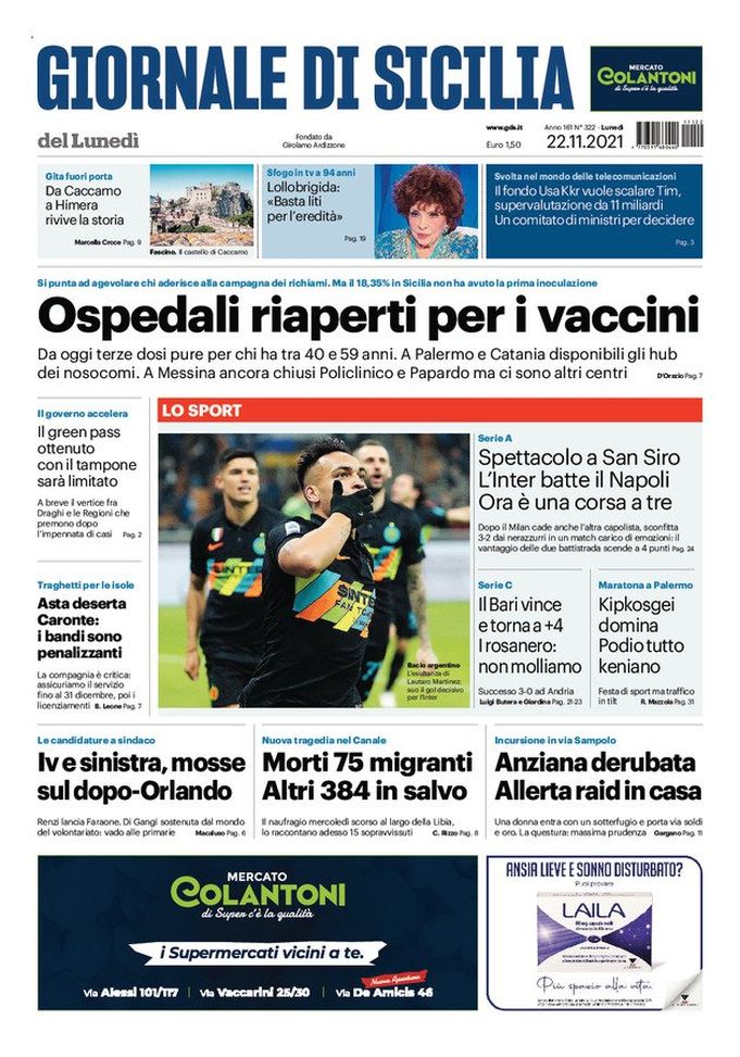Prima Pagina, Giornale di Sicilia: “Ospedali riaperti per i vaccini”  Prima Pagina, Giornale di Sicilia: “Ospedali riaperti per i vaccini”