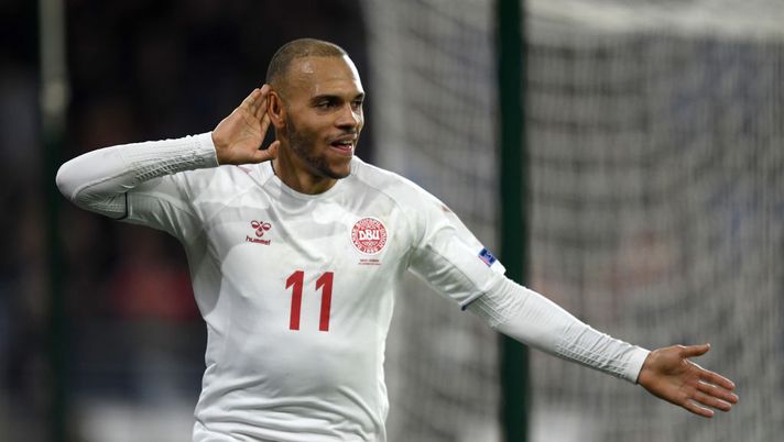CARDIFF, WALES - NOVEMBER 16: Martin Braithwaite of Denmark celebrates after scoring his team's second goal during the UEFA Nations League Group B match between Wales and Denmark at Cardiff City Stadium on November 16, 2018 in Cardiff, United Kingdom.  (Photo by Harry Trump/Getty Images) 