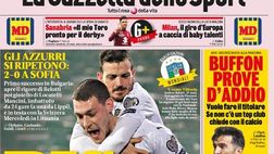 Prima Pagina, La Gazzetta dello Sport: “Bis Italia. Gli azzurri si ripetono, 2-0 a Sofia”