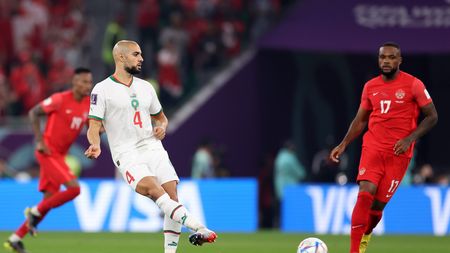 DOHA, QATAR - DECEMBER 01: Sofyan Amrabat of Morocco kicks off during the FIFA World Cup Qatar 2022 Group F match between Canada and Morocco at Al Thumama Stadium on December 01, 2022 in Doha, Qatar. (Photo by Catherine Ivill/Getty Images)