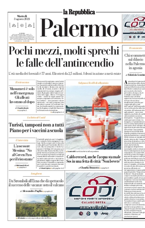 Prima Pagina, La Repubblica-Palermo: “Caldo record, anche l’acqua sta male” Prima Pagina, La Repubblica-Palermo: “Caldo record, anche l’acqua sta male”