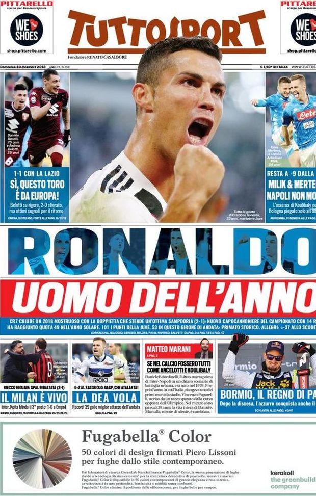 Prima Pagina, Tuttosport: “Ronaldo uomo dell’anno. Questo Toro è da Europa. Riecco Higuain…” Prima Pagina, Tuttosport: “Ronaldo uomo dell’anno. Questo Toro è da Europa. Riecco Higuain…”