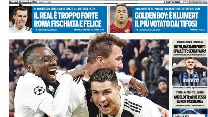 Prima Pagina, Tuttosport: “Ronaldo sei un mago! Roma fischiata e felice. Inter, basta un punto. Ancelotti…” Prima Pagina, Tuttosport: “Ronaldo sei un mago! Roma fischiata e felice. Inter, basta un punto. Ancelotti…”