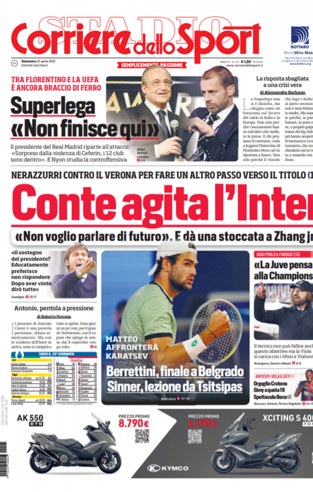 Prima Pagina, Corriere dello Sport: &#8220;Conte agita l&#8217;Inter. E dà una stoccata a Zhang jr&#8221; 