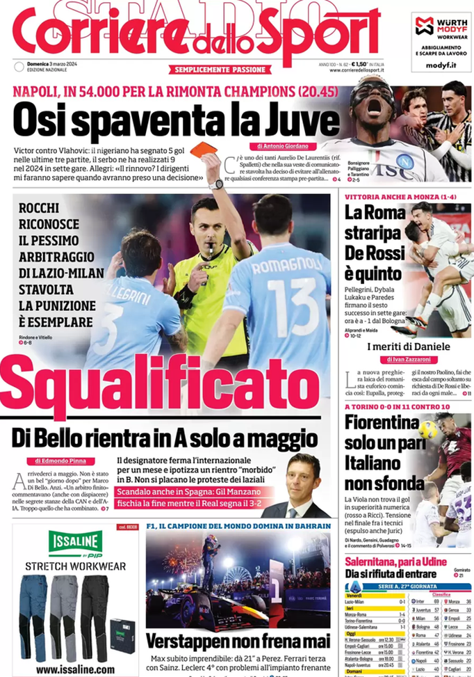Prima Pagina Corriere dello Sport 03/03/2024