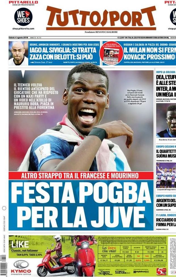 Prima Pagina, Tuttosport: “Festa Pogba per la Juve. Zaza con Belotti, si può. Il Milan non si ferma più. Inter, a Modric…” Prima Pagina, Tuttosport: “Festa Pogba per la Juve. Zaza con Belotti, si può. Il Milan non si ferma più. Inter, a Modric…”