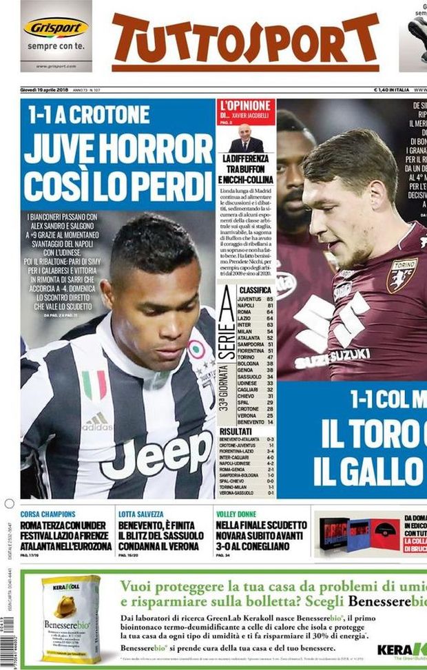 Prima Pagina, Tuttosport: “Juve horror. Il Toro c’è, il Gallo no. Roma terza con Under. Benevento, è finita…” Prima Pagina, Tuttosport: “Juve horror. Il Toro c’è, il Gallo no. Roma terza con Under. Benevento, è finita…”