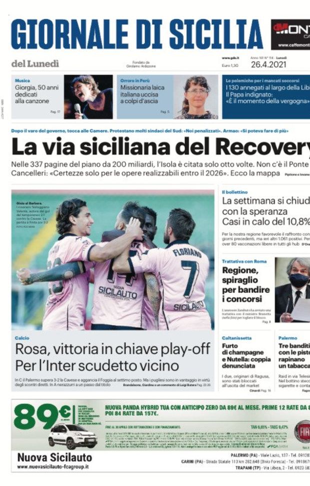 Prima Pagina, Giornale di Sicilia: “La via siciliana del Recovery. Rosa, vittoria in chiave playoff&#8221; 