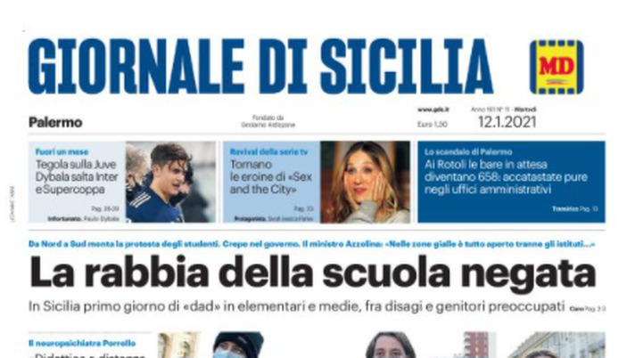 Prima Pagina, Giornale di Sicilia: &#8220;La rabbia della scuola negata. Tegola sulla Juve, Dybala&#8230;&#8221; 