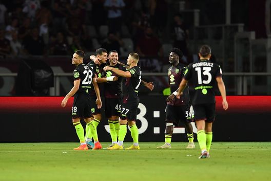 TURIN, ITALY - AUGUST 06: Nemanja Radonjic of Torino FC celebrates a goal with team mates during the Coppa Italia match between Torino FC and Palermo at Olimpico Stadium on August 6, 2022 in Turin, Italy. (Photo by Valerio Pennicino/Getty Images)