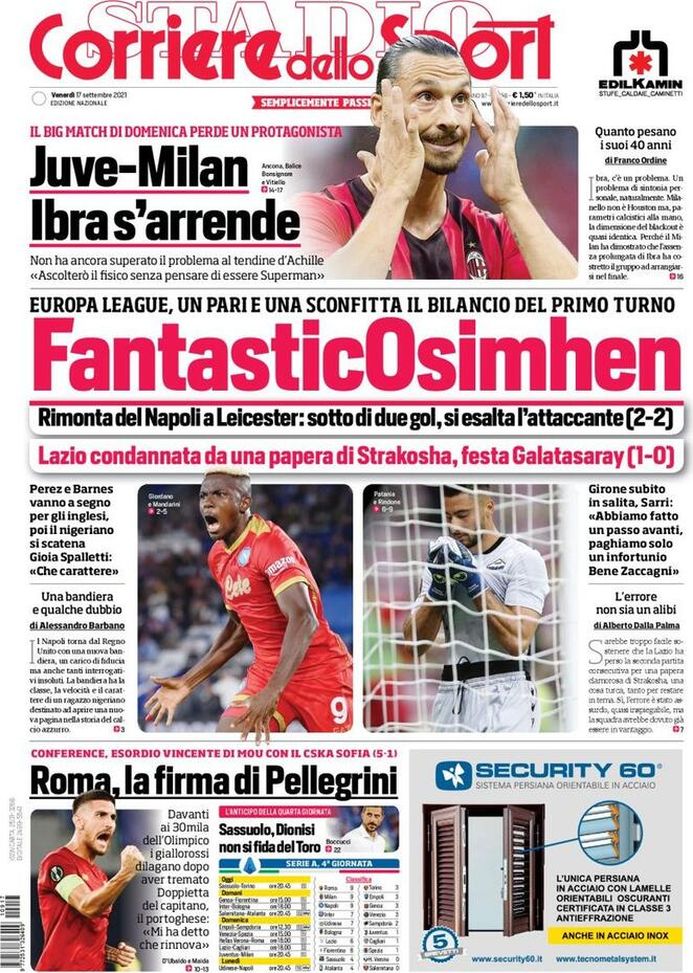Prima Pagina, Corriere dello Sport: “Juve-Milan, Ibra s’arrende” Prima Pagina, Corriere dello Sport: “Juve-Milan, Ibra s’arrende”