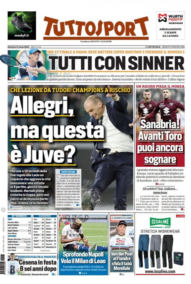 EDICOLA TS – Allegri, ma questa è Juve? Lezione da Tudor, Champions a rischio - immagine 1