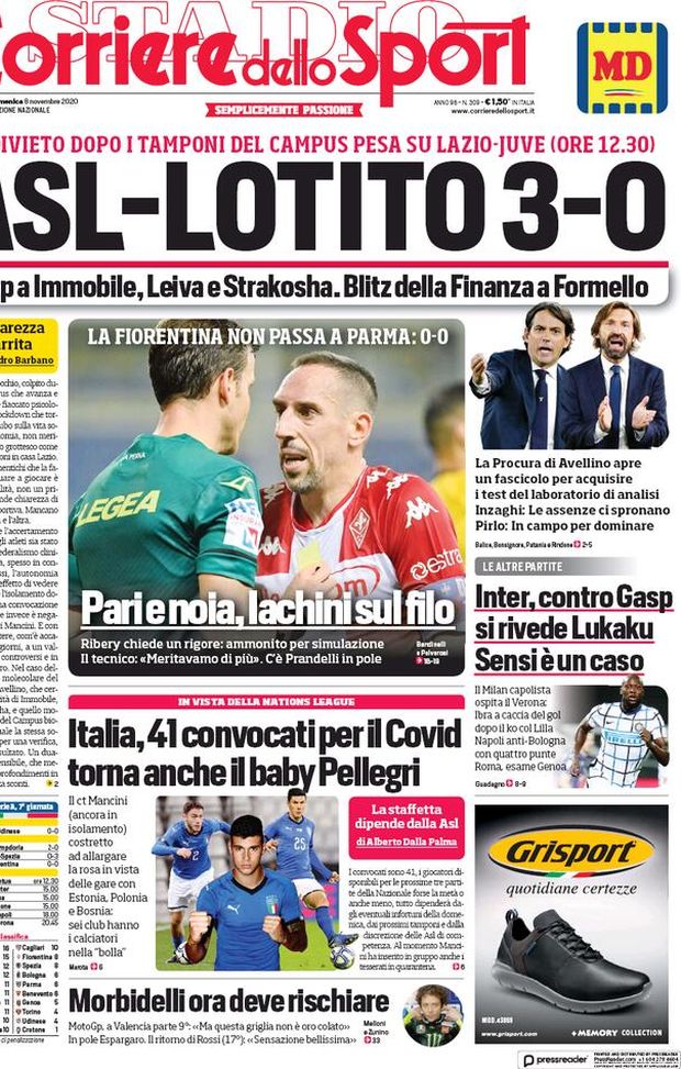  La prima pagina del 'Corriere Dello Sport', in edicola oggi 8 novembre 2020 