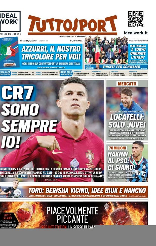Prima Pagina, Tuttosport: “CR7, sono sempre io! Locatelli: solo Juve. Hakimi al PSG”  Prima Pagina, Tuttosport: “CR7, sono sempre io! Locatelli: solo Juve. Hakimi al PSG”