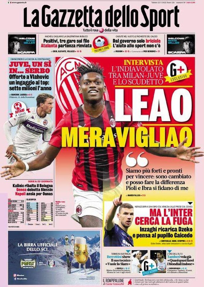 La Gazzetta dello Sport, la prima pagina di oggi, sabato 22 gennaio 2022