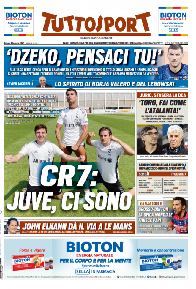 Prima Pagina, Tuttosport: “CR7: Juve, ci sono. Dzeko, pensaci tu”  Prima Pagina, Tuttosport: “CR7: Juve, ci sono. Dzeko, pensaci tu”