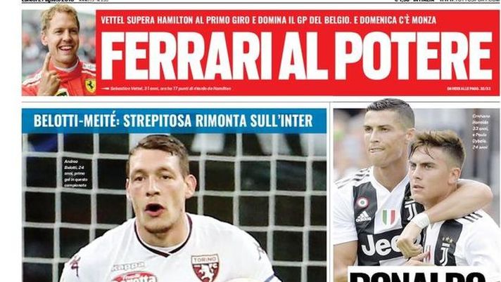 Prima Pagina, Tuttosport: “Un Toro immenso. Ronaldo e Dybala assatanati. Roma-Atalanta da primo posto…” Prima Pagina, Tuttosport: “Un Toro immenso. Ronaldo e Dybala assatanati. Roma-Atalanta da primo posto…”
