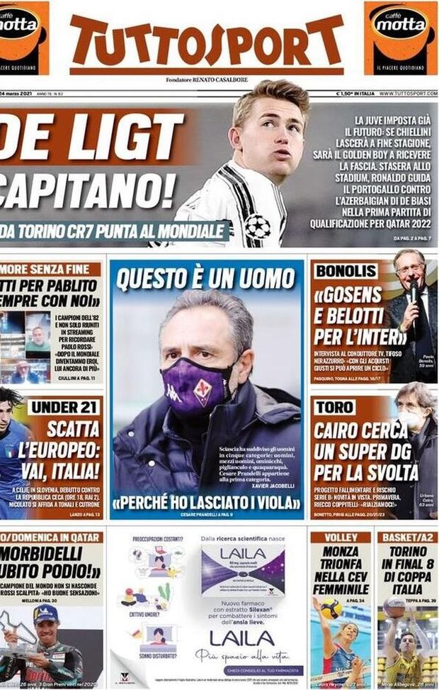 Prima Pagina. Tuttosport: &#8220;De Ligt capitano! Questo è un uomo. Cairo cerca un super Dg per la svolta&#8221; 