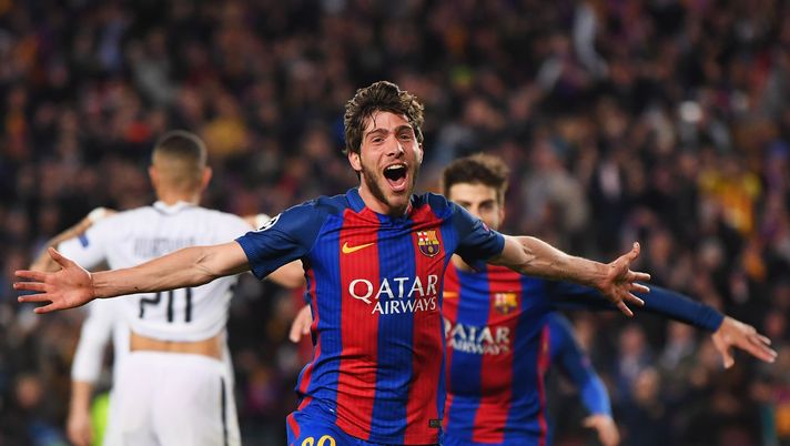 BARCELONA, SPAIN - MARCH 08:  Sergi Roberto of Barcelona as he scores their sixth goal during the UEFA Champions League Round of 16 second leg match between FC Barcelona and Paris Saint-Germain at Camp Nou on March 8, 2017 in Barcelona, Spain.  (Photo by Laurence Griffiths/Getty Images)
