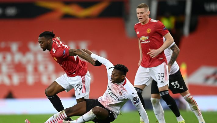 Rafael Leao (attaccante AC Milan), qui contro Aaron Wan-Bissaka in Manchester United-Milan (Europa League (2020-2021) | News (Getty Images) 