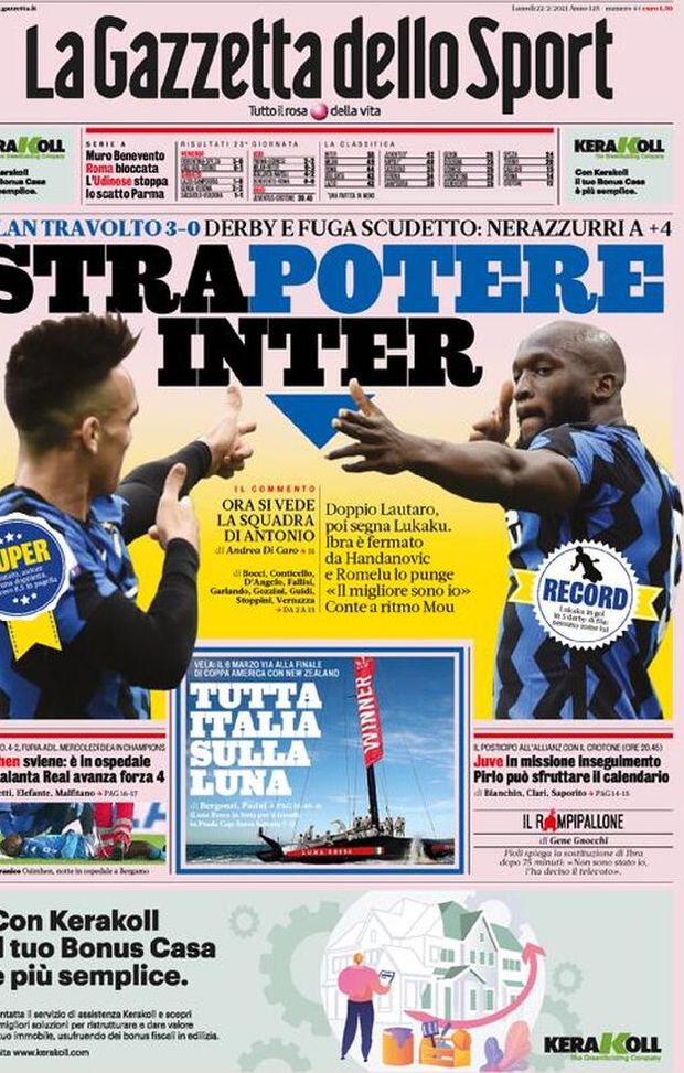 Prima Pagina, La Gazzetta dello Sport: “Strapotere Inter! Milan travolto 3-0, derby e fuga scudetto e nerazzurri a +4″ Prima Pagina, La Gazzetta dello Sport: “Strapotere Inter! Milan travolto 3-0, derby e fuga scudetto e nerazzurri a +4″