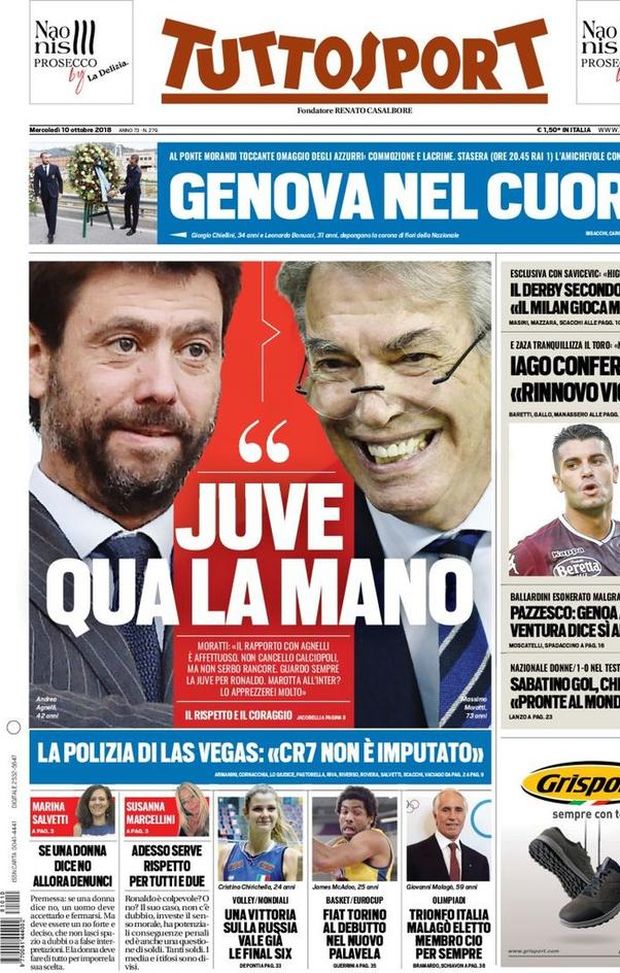 Prima Pagina, Tuttosport: “Juve qua la mano. Genova nel cuore. Il derby secondo il genio. Ventura dice sì al Chievo…” Prima Pagina, Tuttosport: “Juve qua la mano. Genova nel cuore. Il derby secondo il genio. Ventura dice sì al Chievo…”