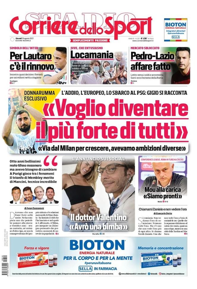 Prima Pagina, Corriere dello Sport: “Gigio: Voglio diventare il più forte di tutti” Prima Pagina, Corriere dello Sport: “Gigio: Voglio diventare il più forte di tutti”