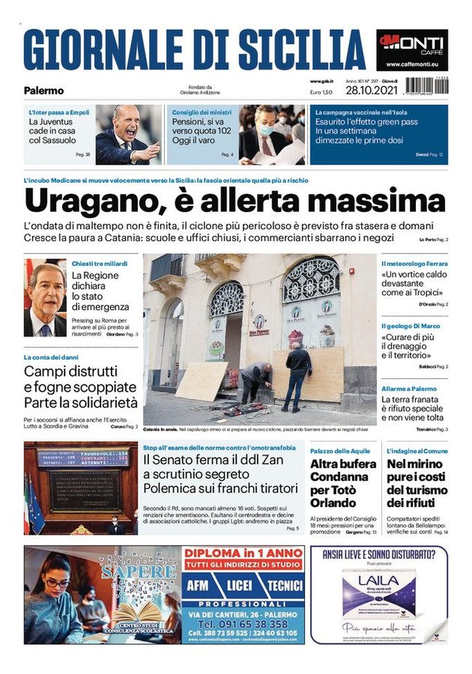 Prima Pagina, Giornale di Sicilia: “Uragano, è allerta massima” Prima Pagina, Giornale di Sicilia: “Uragano, è allerta massima” - immagine 1