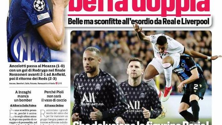 EDICOLA CDS – Inter e Milan, beffa doppia. Champions subito amara per le milanesi EDICOLA CDS – Inter e Milan, beffa doppia. Champions subito amara per le milanesi