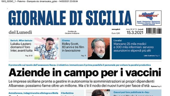 Prima Pagina, Giornale di Sicilia: “Aziende in campo per i vaccini. Morti sospette, 5 ispettori a Catania” 