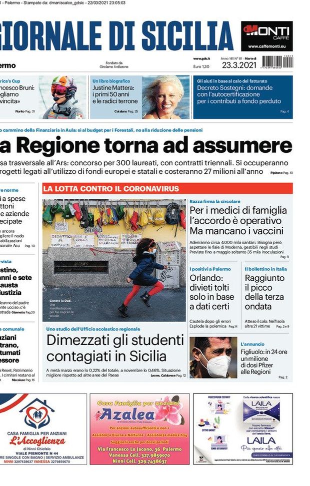 Prima Pagina, Giornale di Sicilia: “La Regione torna ad assumere. Dimezzati gli studenti contagiati in Sicilia” Prima Pagina, Giornale di Sicilia: “La Regione torna ad assumere. Dimezzati gli studenti contagiati in Sicilia”