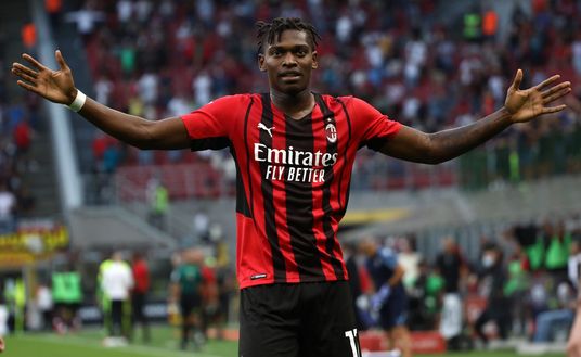 Rafael Leao esulta dopo un gol segnato a San Siro. Rafael Leao esulta dopo un gol segnato a San Siro.