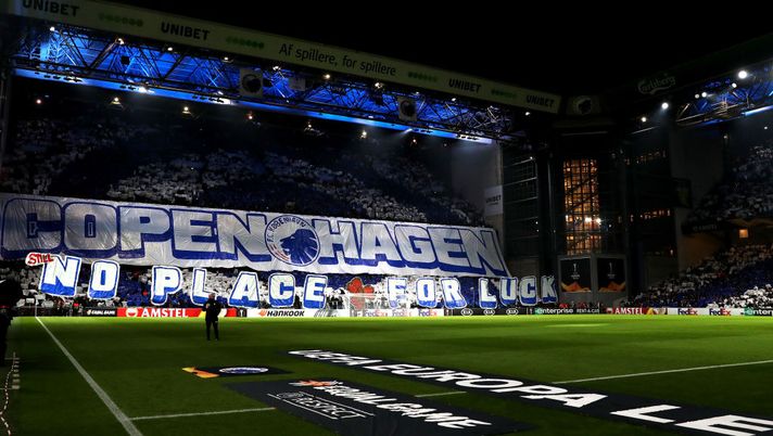 COPENHAGEN, DENMARK - FEBRUARY 20: FC Kobenhavn fans hold up a tifo display prior to the UEFA Europa League round of 32 first leg match between FC Kobenhavn and Celtic FC at Telia Parken on February 20, 2020 in Copenhagen, Denmark. (Photo by Catherine Ivill/Getty Images) COPENHAGEN, DENMARK - FEBRUARY 20: FC Kobenhavn fans hold up a tifo display prior to the UEFA Europa League round of 32 first leg match between FC Kobenhavn and Celtic FC at Telia Parken on February 20, 2020 in Copenhagen, Denmark. (Photo by Catherine Ivill/Getty Images)