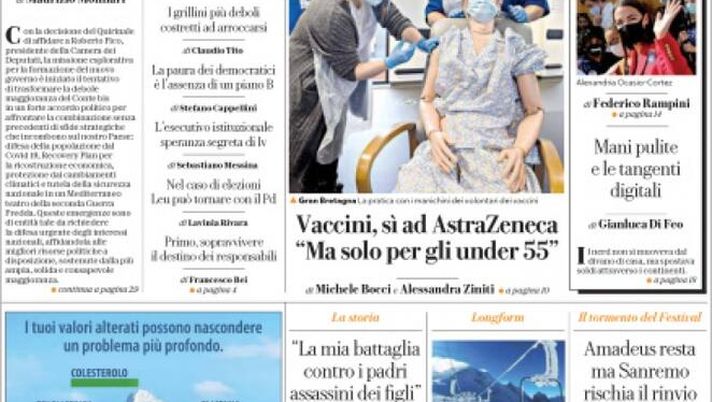 Prima Pagina, La Repubblica: “Contratto di Governo! Covid, vaccini AstraZeneca solo agli under 55″ 