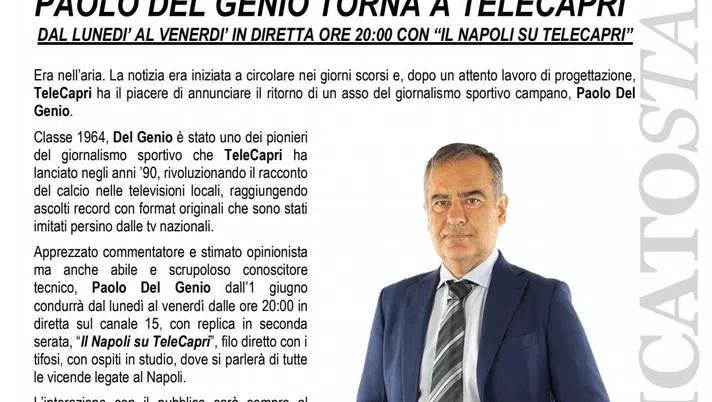 Paolo Del Genio torna a TeleCapri: dal lunedì al venerdì la nuova trasmissione - immagine 1
