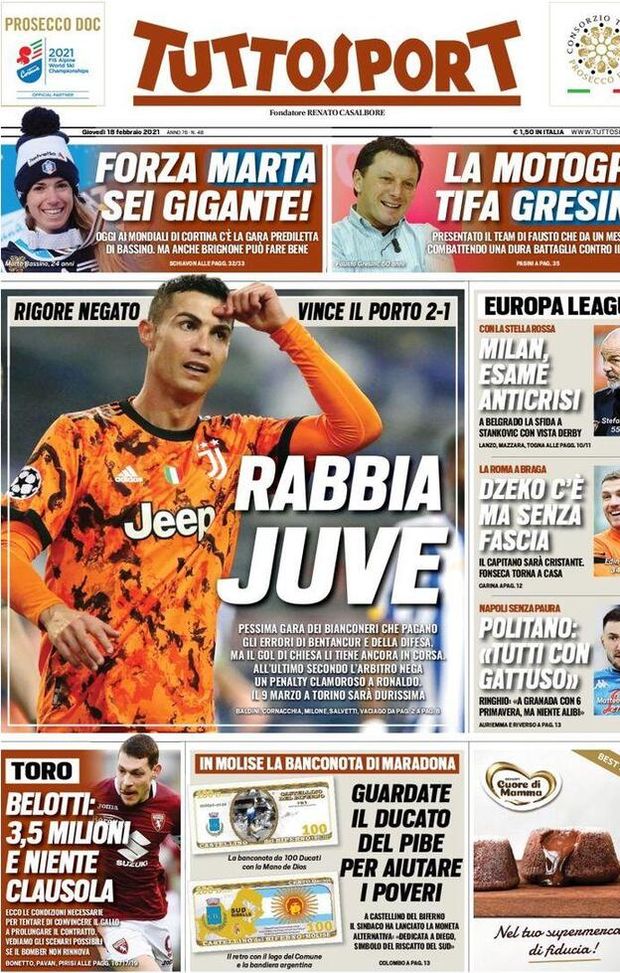  Tuttosport, la prima pagina di oggi, giovedì 18 febbraio 2021 